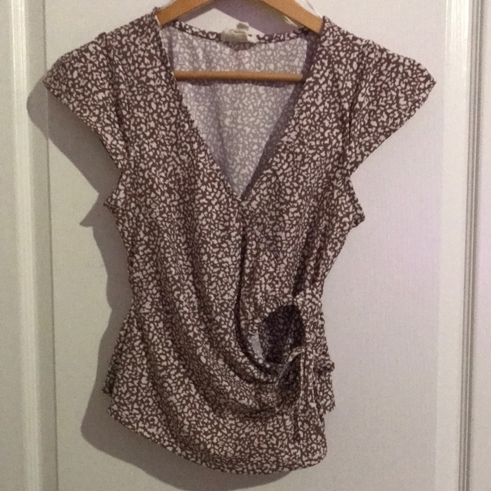 meraki Brown and Cream Printed Wrap Blouse with Side Tie